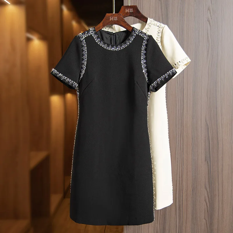 Formal Nail Diamond Small Fragrant A-line Skirt for Women's 2023 Summer New Round Neck Design Sense Temperament Dresses Clothing