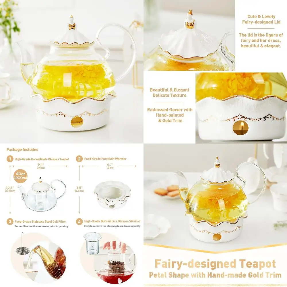 

Sensational 40oz Glass Teapot with Removable Infuser, Blooming Loose Leaf Tea Kettle Warmer, Stove-Safe Tea Party Gift & Home D