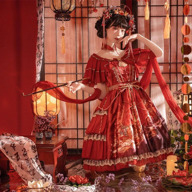 

Pipa Summer Chinese Element Lolita Short Sleeve Op Sweet Lolita Dress To Put on Silk Ancient Style Fairy Clothes Gothic Tippet