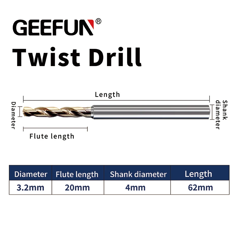

GEEFUN D.i.A 3.2mm / Length 62mm Superior Solid Carbide HRC55 Drill Bits for Hardened Steel