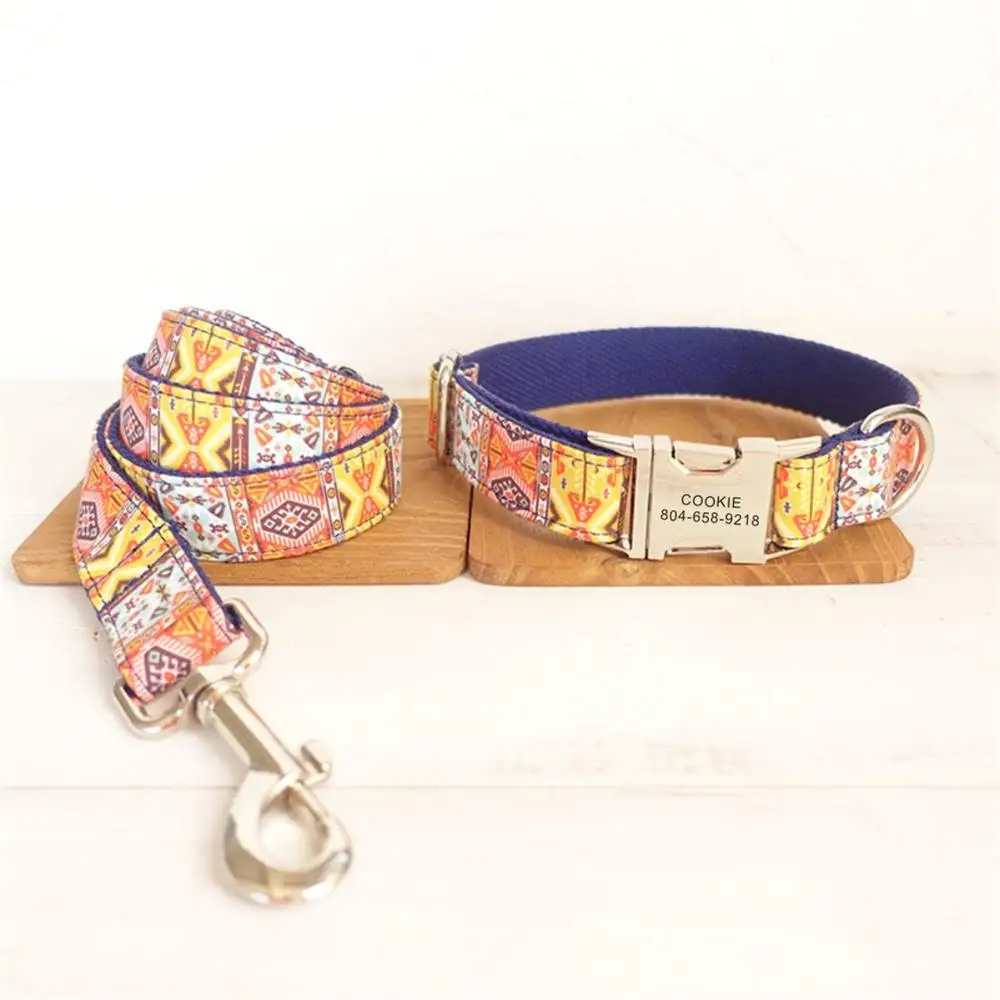 

Personalized Pet Collar Customized Nameplate ID Tag Adjustable Soft Dark Blue Bohemia Cat Dog Collars Lead Leash