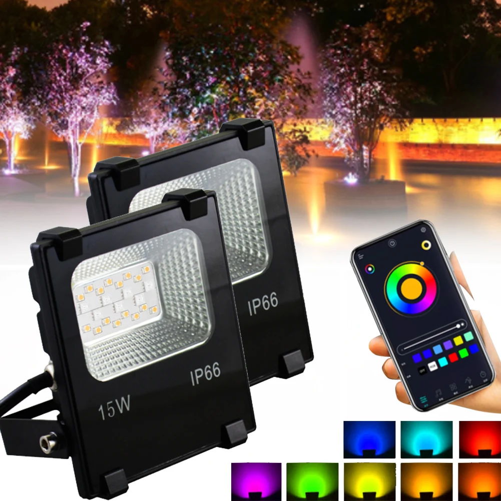 

RGB LED Floodlight 15W Bluetooth Outdoor Smart Flood Light 110V 220V IP66 Waterproof Color Changing Spotlight APP Group Control