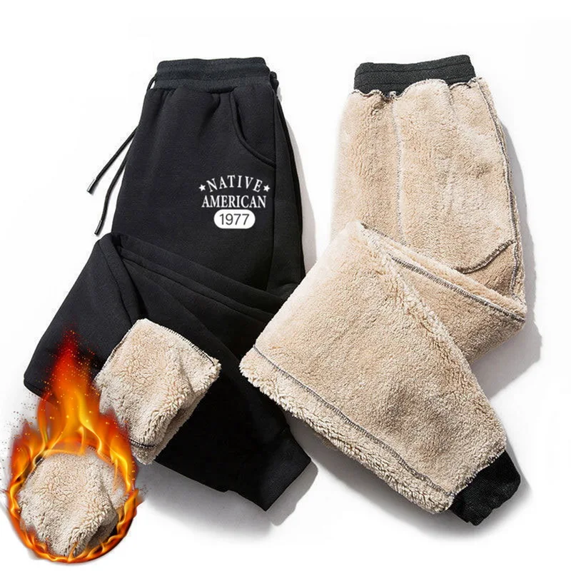 

Men Fleece Warm Cargo Pants Plus Size Loose Print Plush Thermal Drawstring Trousers 2021 Autumn Winter Sports Outwear Sweatpants