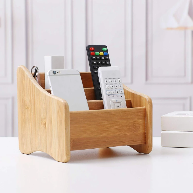

Wood Desk Organizer Bamboo Remote Control Holder Caddy Storage Container with 3 Compartments for Pen Pencil Phone Eyeglasses Off