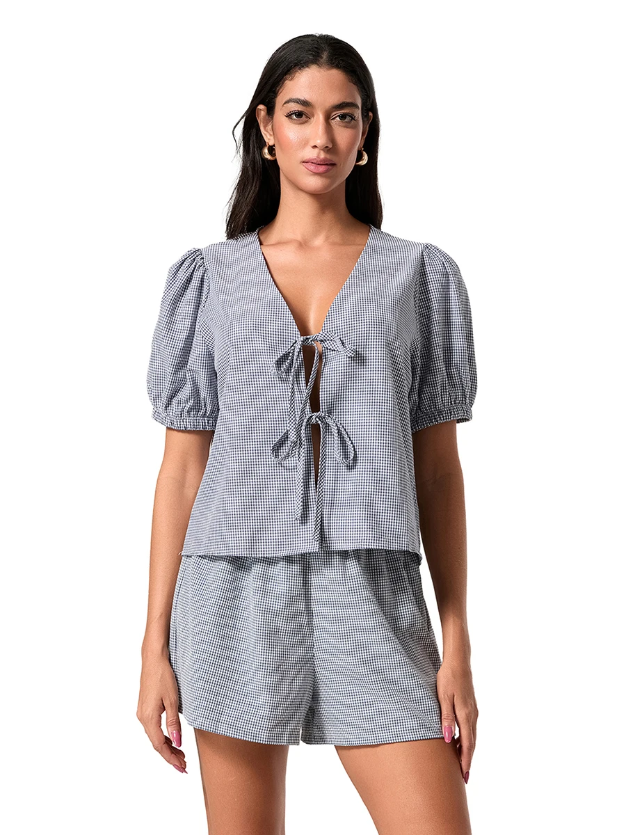 Женский клетчатый наряд свободный топ с v-образным вырезом и пышными рукавами