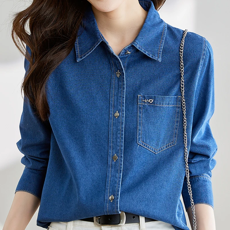 

Denim Shirt Women 2023 Autumn New Women's Clothing Long Sleeved Shirts and Blouses Outerwear Button Up Shirt Pocket Womens Tops