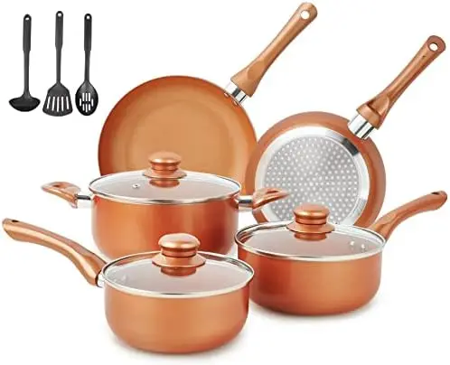 

MELENTA Pots and Pans Set Ultra Nonstick, Pre-Installed 11pcs Cookware Set Copper with Ceramic Coating, Stay cool handle & N