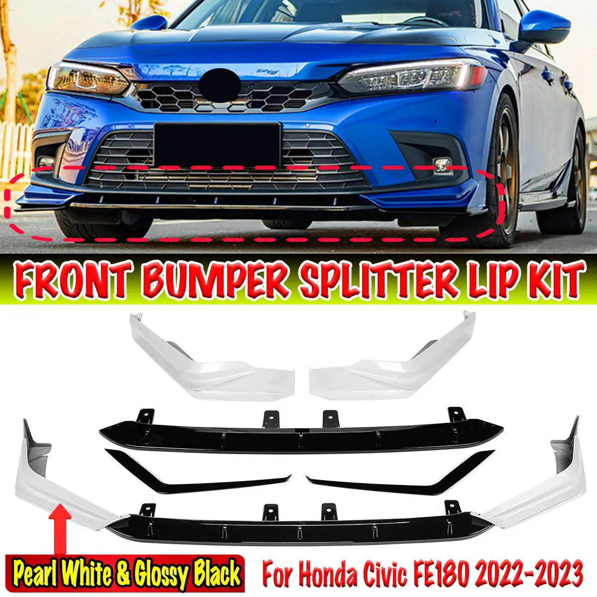 Detachable Front Bumper Spoiler Lip Body Kit Bumper Diffuser Guard For Honda For Civic FE180 2022-2023 Front Bumper Lip Splitter