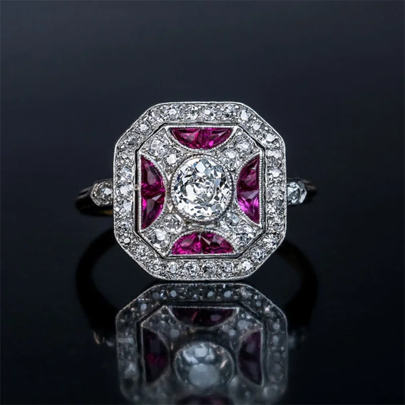 

2023 New Brass Set Zircon Ladies Square Ring High Quality Red Diamond Ring for Brides Shining Fashion Luxury Jewelry for Banquet