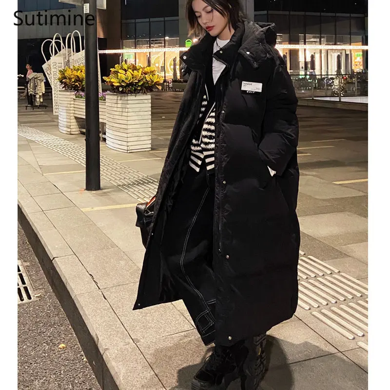 Winter Clothes Women Pockets Zipper Thickened Over Knee Down Loose Hooded Cotton Padded Jacket Office Lady Button Winter Coat