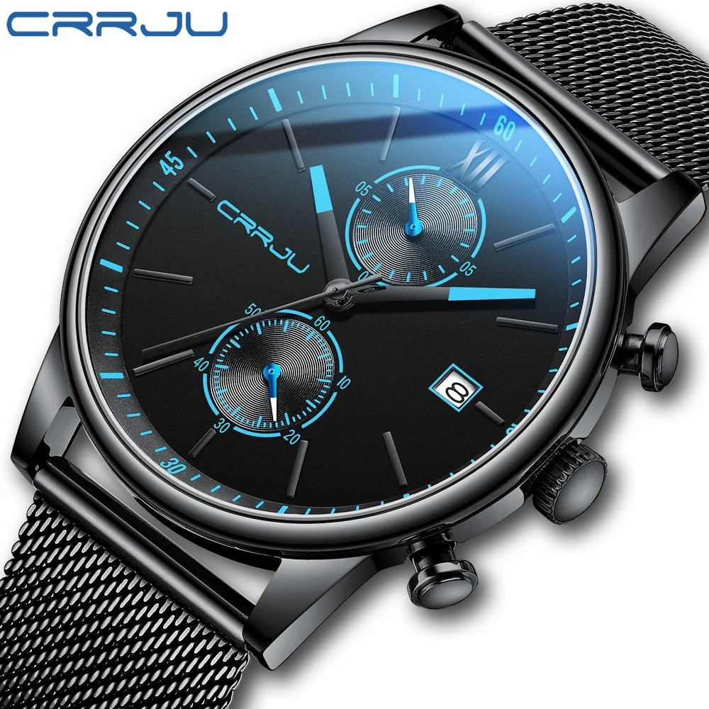 

Часы CRRJU Мужские кварцевые с хронографом, роскошные повседневные спортивные наручные, из нержавеющей стали, с синими стрелками