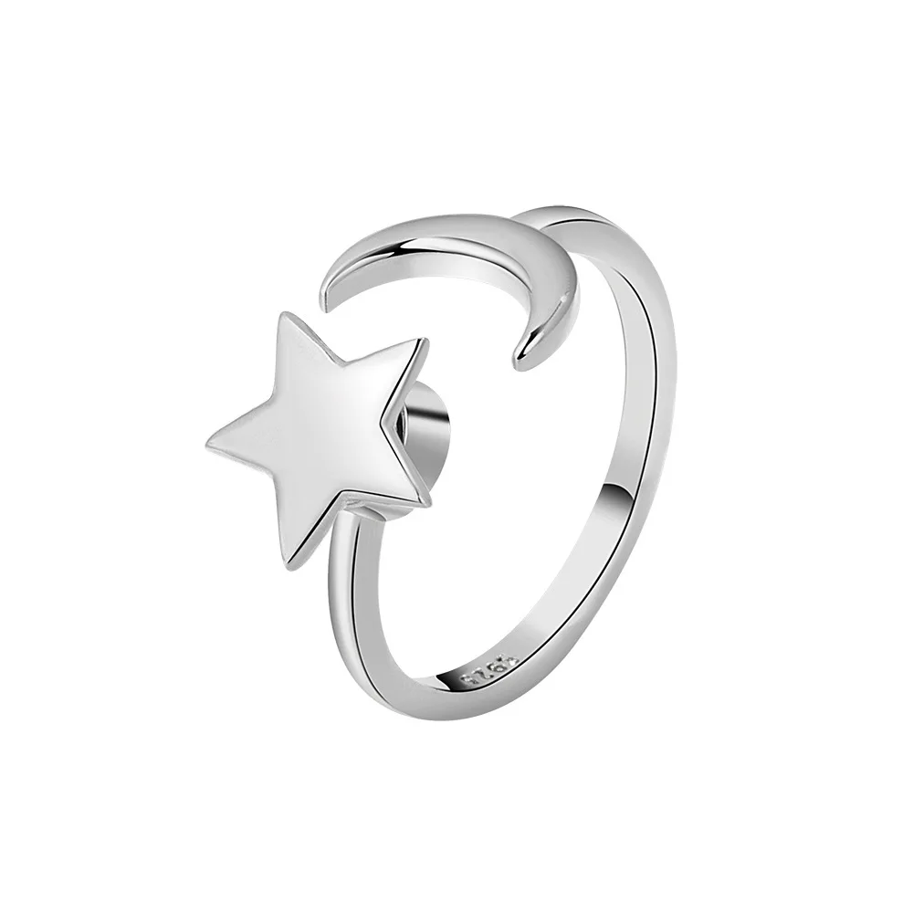 

925 Sterling Silver Star and Moon Fidget Ring Women Adjustable Toi et Moi Ring