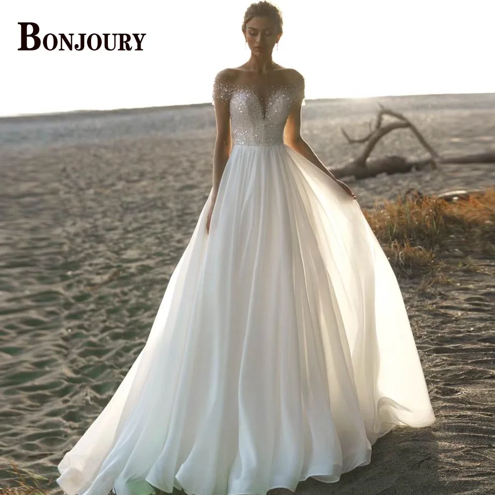 

Женское блестящее свадебное платье BONJOURY, платье в стиле овальной формы с короткими рукавами, аппликацией и блестками, индивидуальный пошив, 2023