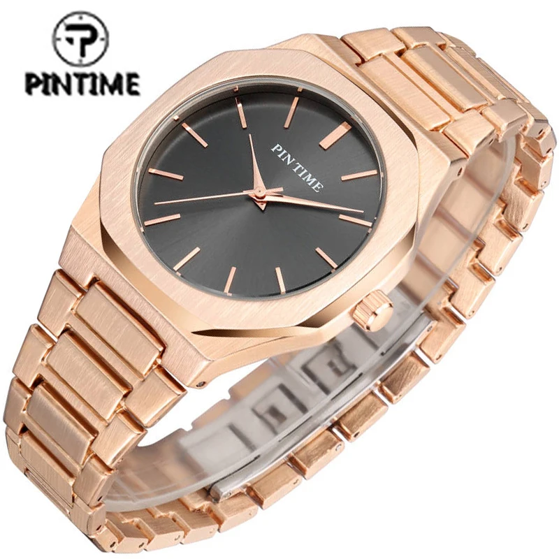 PINTIME Fashion Couple Super Thin Casual Watch Stainless Steel Waterproof Luxury Wristwatches Simple Quartz Watch Gift Clock