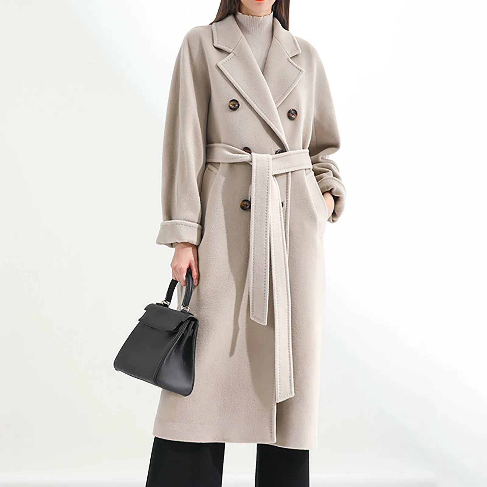 

Ladies Loose Fit Windbreaker Mid Lenth Long Double Breasted Trench Coat Solid Lapel Jacket Overcoat Outwear