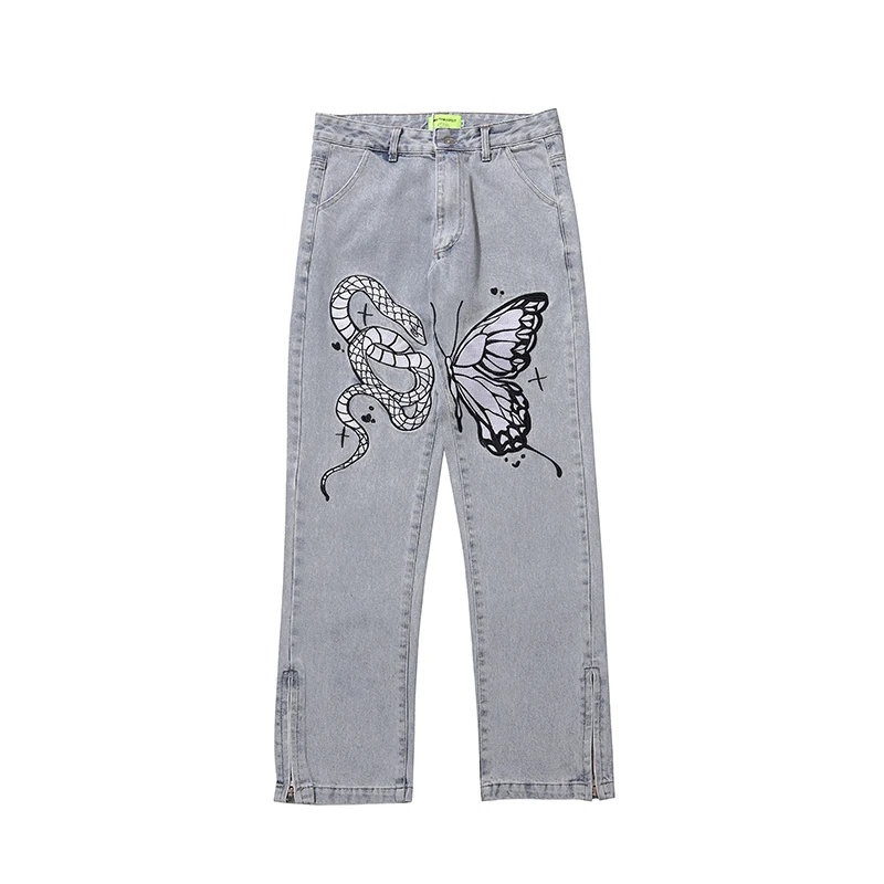 

Джинсы мужские прямые с вышивкой «Бабочка и змея», уличные штаны из денима свободного покроя в стиле ретро, на молнии, с карманами, в стиле хи...