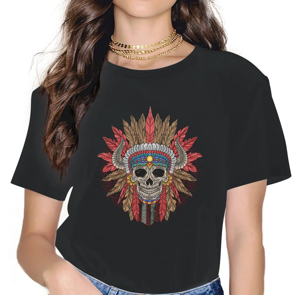 

Skull Apache Head Chief Horn Tribe Colorful Feminine Clothes Popularity Trend T-shirt Goth Vintage Female Blusas