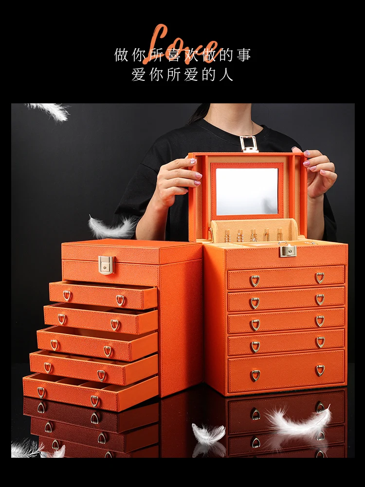 Luxury Multi Layer Jewelry Storage Box Organizer Large Capacity Jewelry Storage Box Organizer for Girl with Lock Genuine Leather