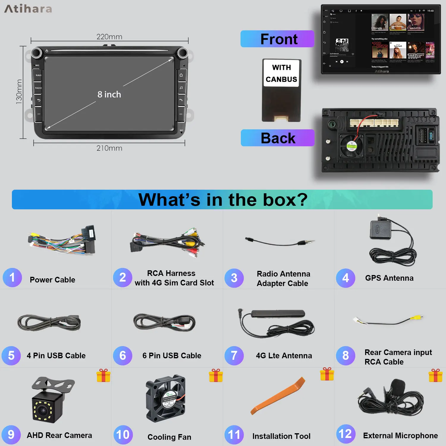 Atihara 8 &quotAndroid автомобильное радио для Volkswagen Golf 2003-2013 2Din 4G + Wi-Fi HD GPS мультимедийный