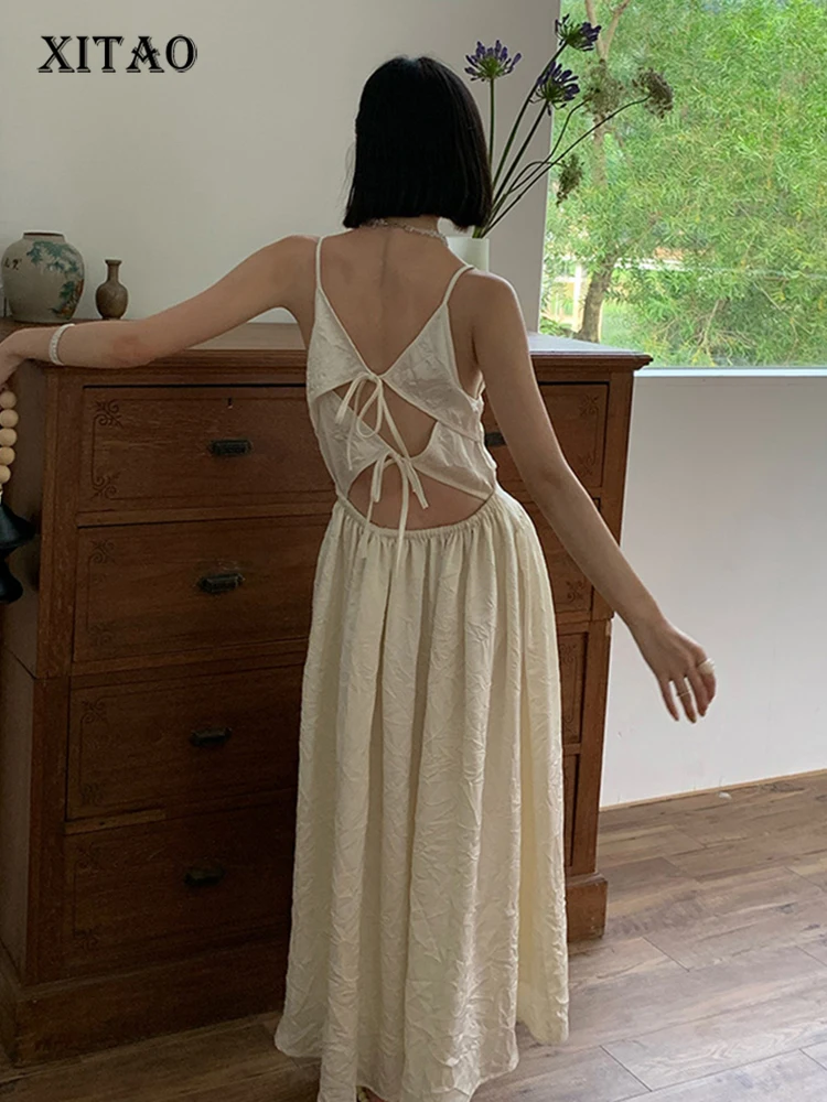 

XITAO Backless Dress Fashion New Women Sleeveless Small Fresh Casual Style 2022 Summer Pleated White Black Loose Dress WMD6606