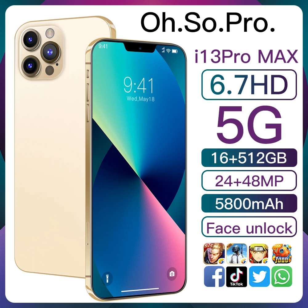 

6,7 дюйма HD смартфон i13Pro Max 16 Гб ОЗУ + 512 Гб ПЗУ Android 10,0 разблокированная глобальная версия 10 ядер с цифровой huella