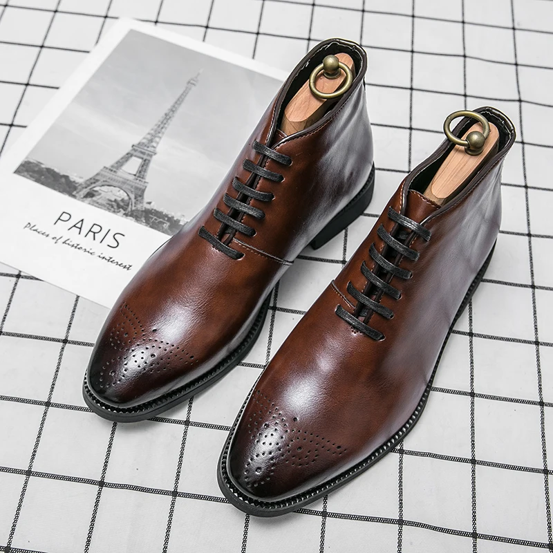 

Brock Carving Men Boots Fashion Brown Punk For Men Casual Leather Street Style Ankle Boots Men Pointed Famous Brand Short Boots