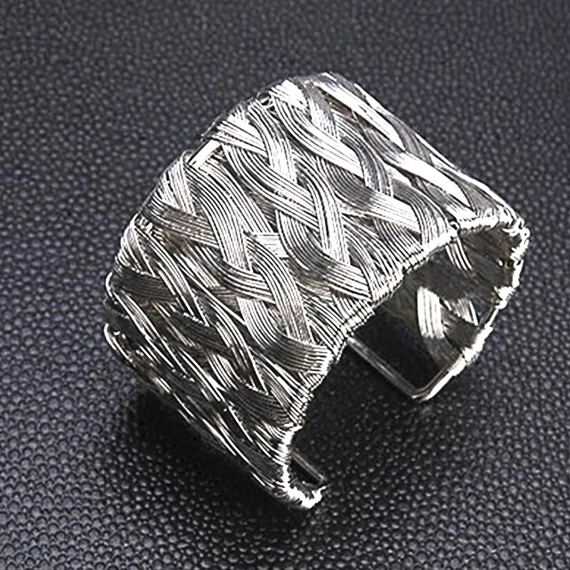 

Punk Exaggerated Handmade Weaving Bracelets Bangles For Women Vintage Gold Silver Color Ripple Pattern Cuff Bracelets Jewerly