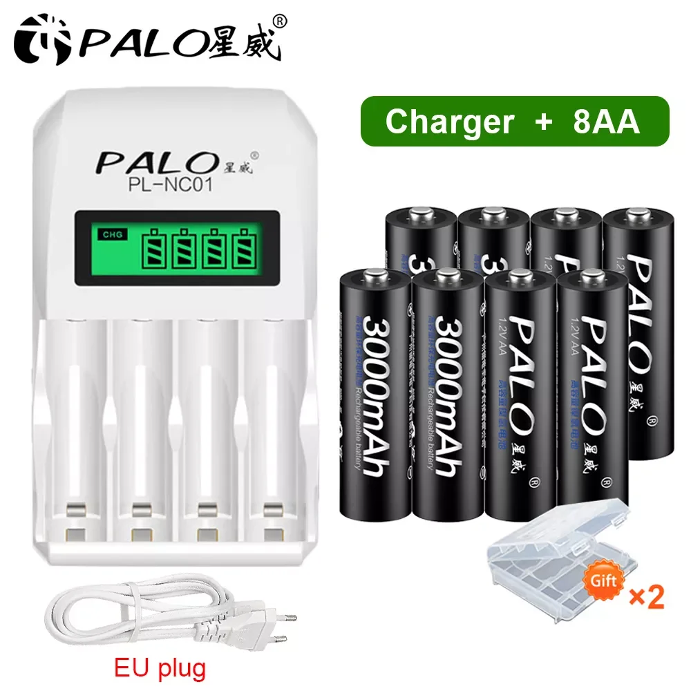 

PALO 4-12pcs 3000mAh NI-MH 1.2V AA Rechargeable Batteries AA Battery Rechargeable Battery with LCD Display Smart Battery Charger