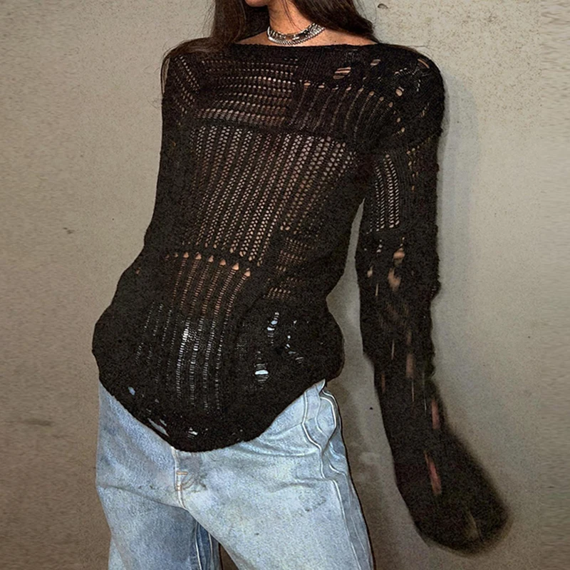 

Dourbesty Punk Hollow Out Knitted Sweater Women Baggy Smock Long Sleeve Tops Y2k Dark Academia Goth Grunge Harajuku Pullovers