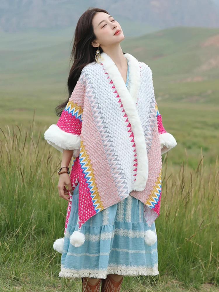 Модный шикарный вязаный зимний винтажный шарф женская накидка в стиле бохо и