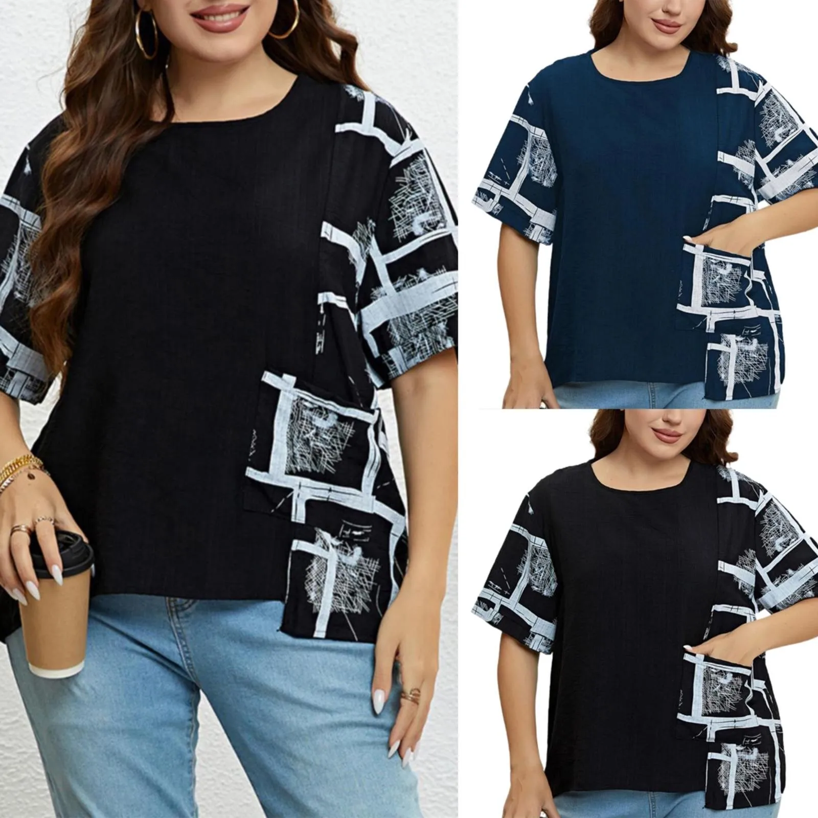 

Summer Large Size Irregular Print Pocket Loose Rest Summer Large Size Tee Shirts for Women Womens Tops