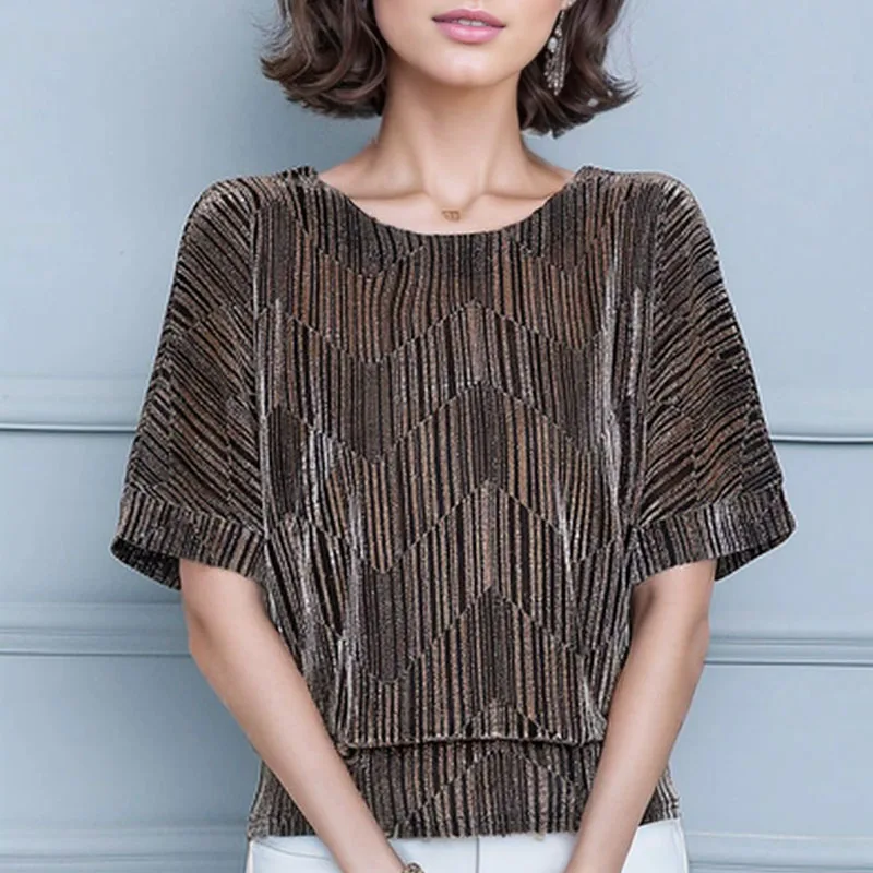 Женская Летняя Блузка Блестящий Топ С Круглым Вырезом Элегантный Повседневный