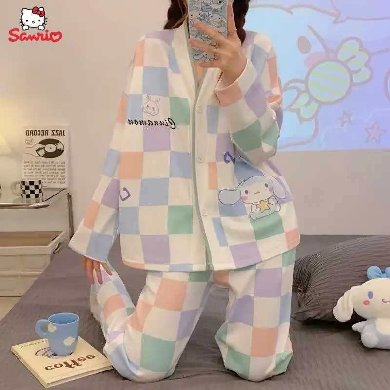

Оригинальный клетчатый пижамный комплект в стиле аниме Sanrio с длинными рукавами домашняя одежда для студенческого общежития одинарная Пижа...