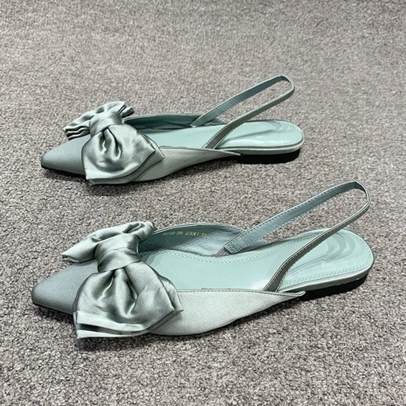 

New Women Silk Flat Sandals Fashion Casual Summer Bow Knot Sandles Point Toe Slip-on Lady Semi Slippers