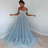 haowen dreamy sparkle shinny tulle flowers lace appliques long prom dresses spaghetti strap a line evening dress wedding party