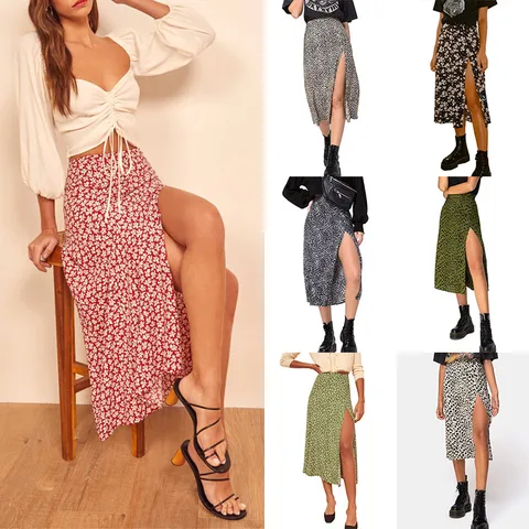 Women Skirt Summer Sexy High Waist Split Floral Skirts Leopard Print Skirt Female Boho Vintage Beach Long Skirts Flower Clothes