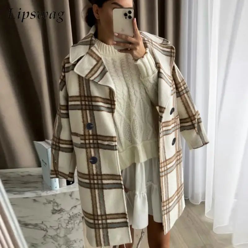 

Women Fashion Plaid Print Single-breasted Overcoat Casual Long Sleeve Loose Coat Jacket Elegant Turn-down Collar Outerwear Tops