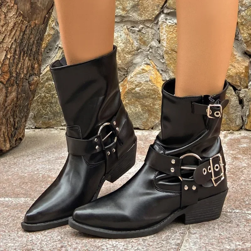 

Женские ботинки с острым носком, однотонные короткие ботинки с квадратным носком, зимние сапоги В рыцарском стиле, 2023