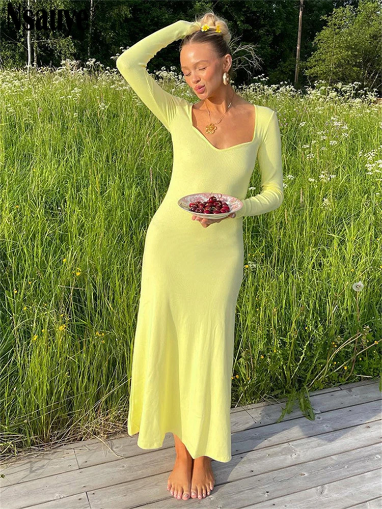 

Nsauye Elegant Evening Party Maxi Ribber Summer Women Knitted Wrap Dress Long Fashion Sexy Club Yellow Dress Long Sleeve Outfits