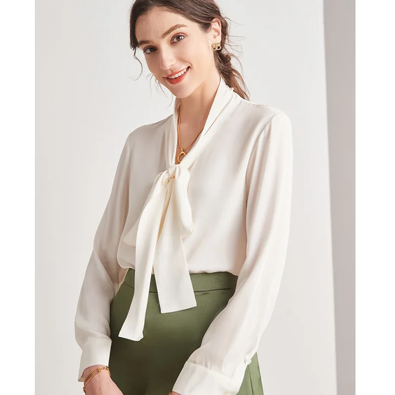 

Женская шелковая рубашка с длинным рукавом, элегантная белая рубашка из шелка тутового шелкопряда с воротником-бантом, корейский стиль, 2022