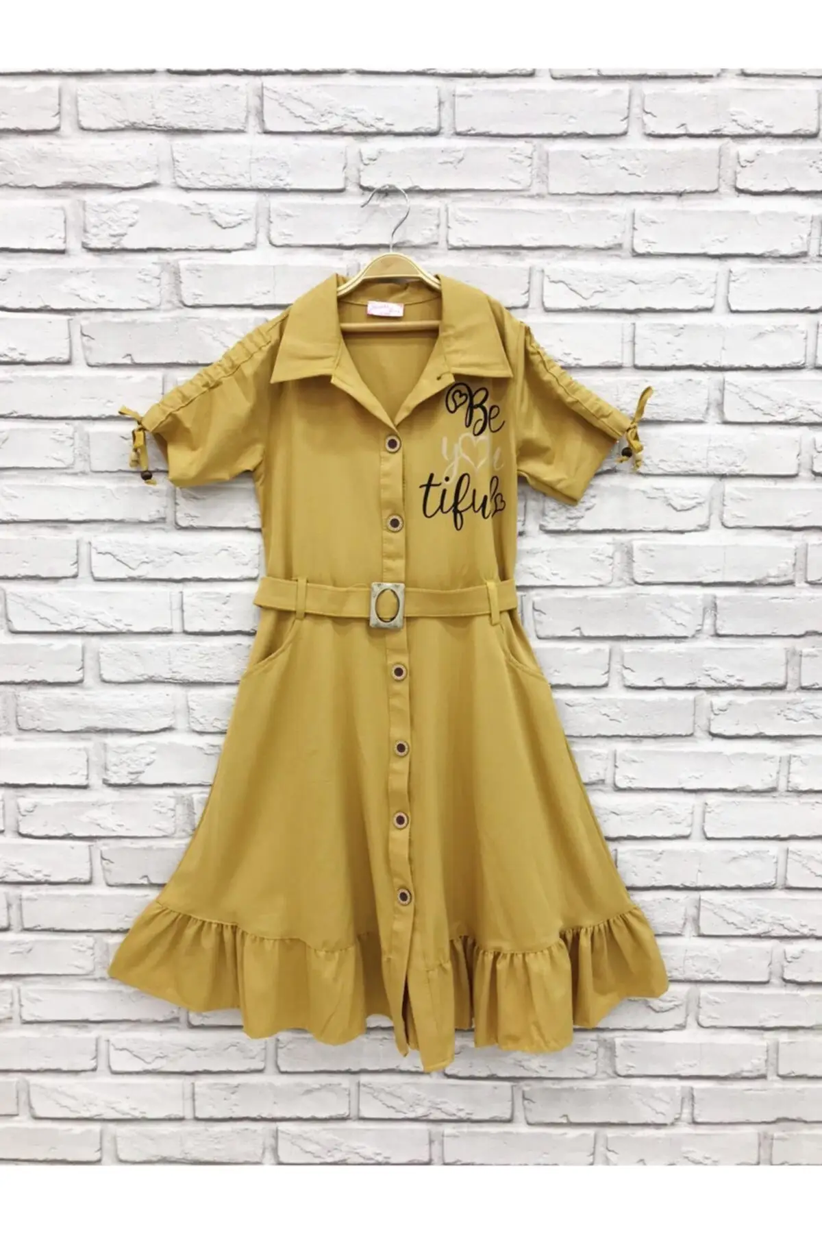 

Girl Boy Mustard Full Button Dress 351 Midi Printed Cotton-Polyester-Elastane Trend Yellow Short Double Thin