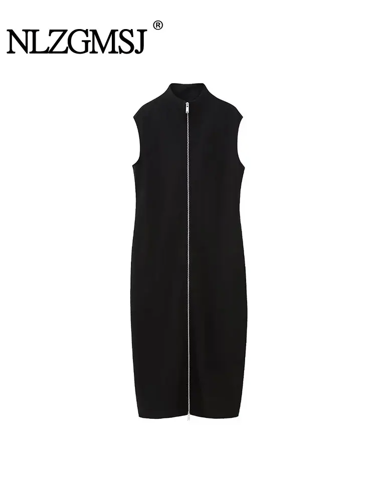

Nlzgmsj TRAF Y2K Casual O-neck Zipper Sleeveless Women Sexy Mini Party Dress Skinny Black Evening Dress Outfit Streetwear