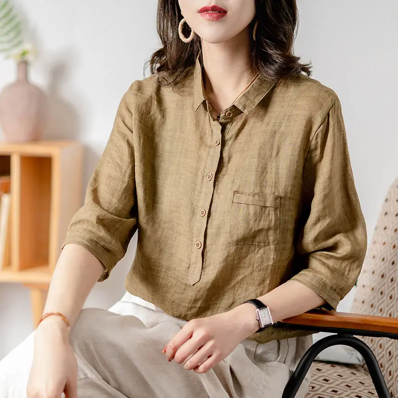 

Cotton Linen Blouse Casual Solid Buttons Lapel Half Sleeve Shirt Women's Oversized Blouses Simple Summer Loose Top Black Blue