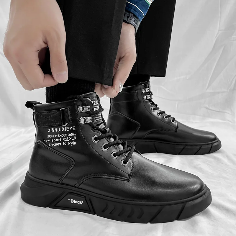 

New Black Men's Martin Ankle Boots Chelsea Shoes for Men Fashion Trend Platform Rain Boots Leather Military Brand Motocycle Boot