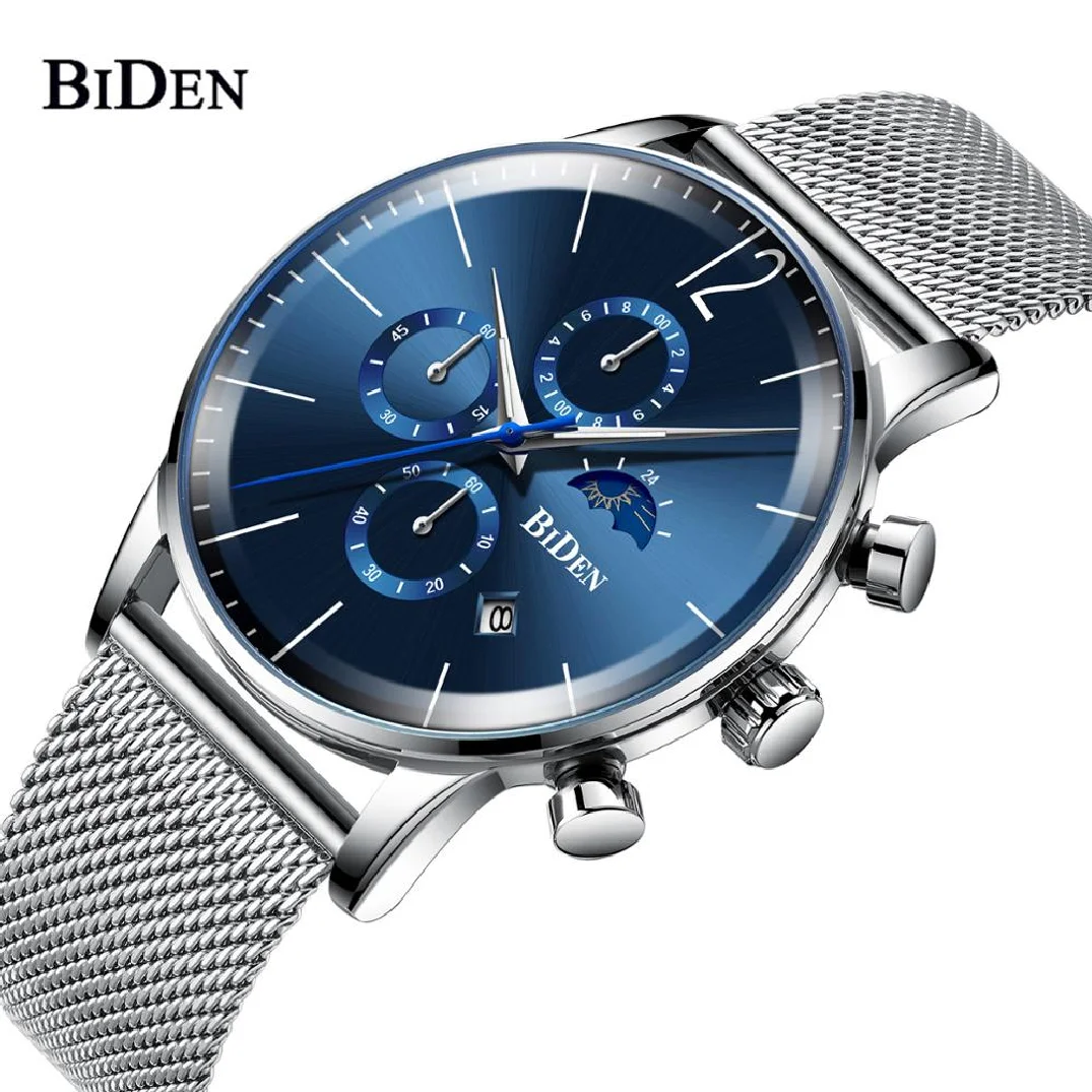 

BIDEN Watch Men Stainless Steel Mesh Band Analogue Quartz Chronograph Wristwatch For Male Date Clocks Gifts Relogio Masculino