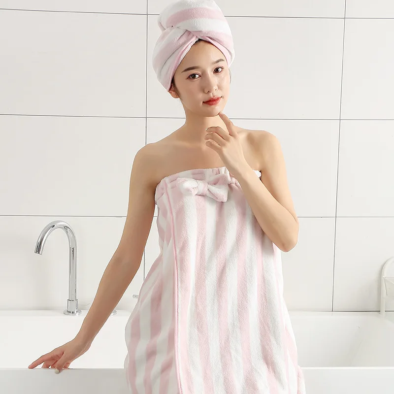

140*70cm Striped Bow Bath Towel Set Coral Fleece Hair Towel Absorbent Towel Soft Beach Shower Towel Bathroom Towels Set