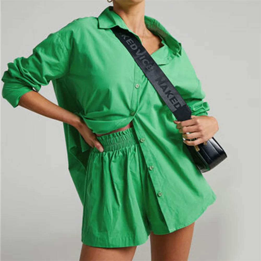 

Lounge Wear Tracksuit Women Shorts Set Solid Long Sleeve Shirt Tops Loose High Waist Shorts Suits Casual Oversized Two Piece Set