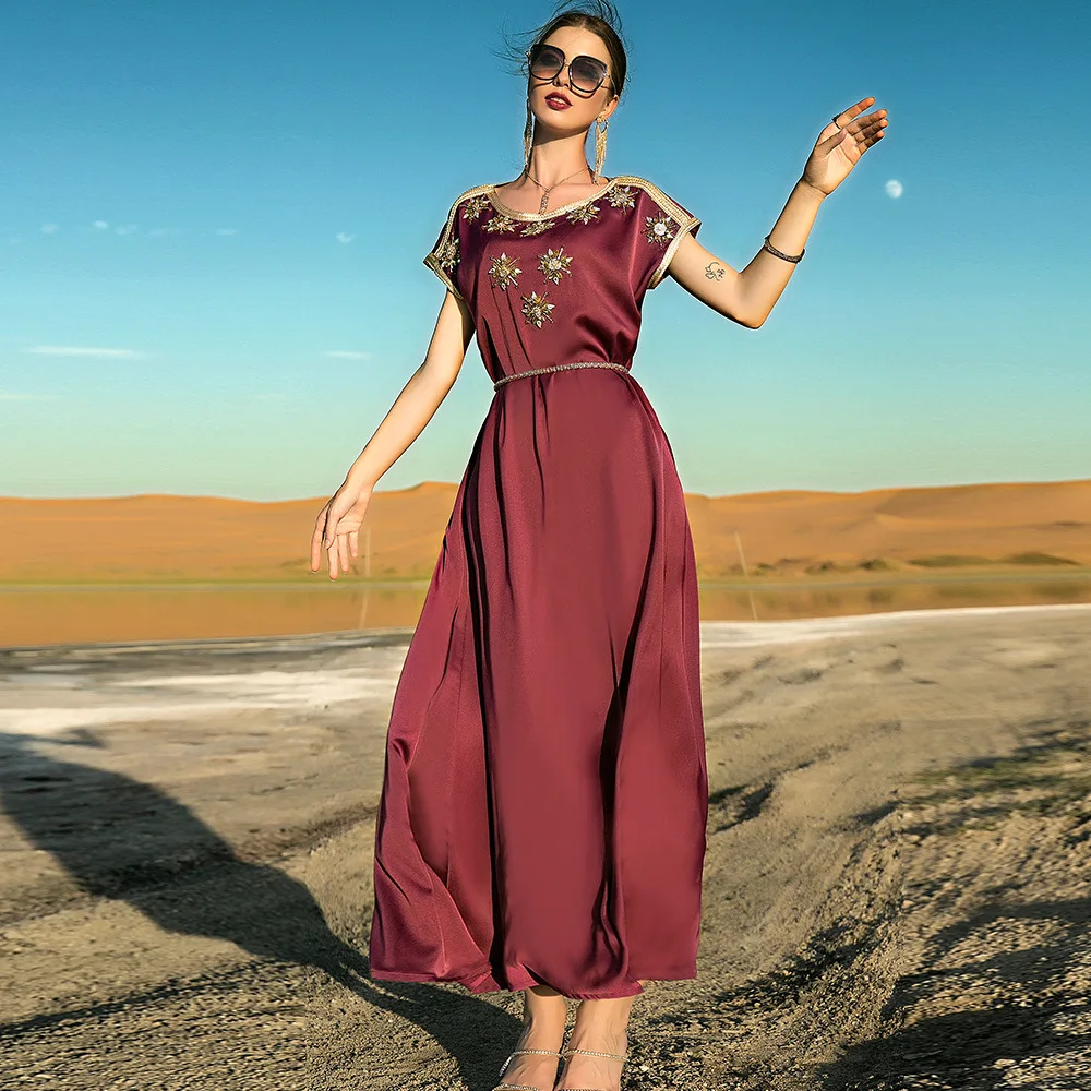 

Dubai Dress Burgundy Heavy Duty Hand Sewn Drill Short Sleeve Vintage Dress Belt Party Summer 2022 Maxi Dresses Femme Vestiods