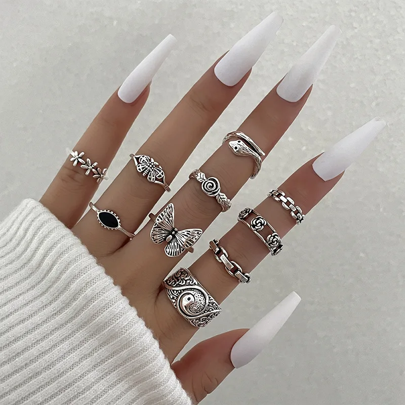 

New Tai Chi Small Flower Snake Ring for Women Set Fashion Creative Butterfly Rose Joint Ring 10 Piece Set Fashion Jewelry Gift