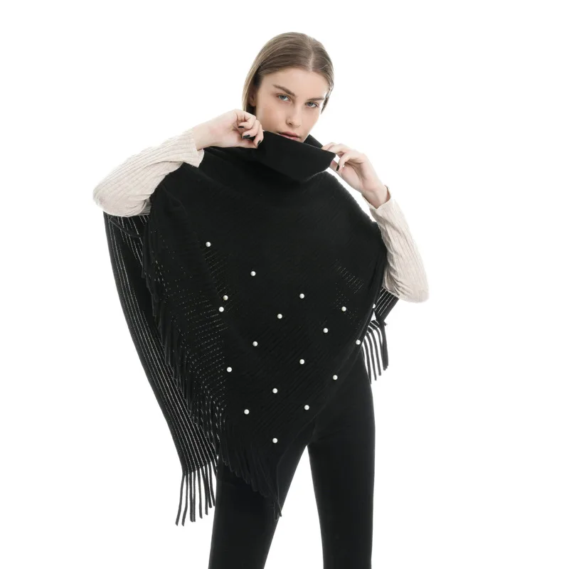 

Pearl Fringe Pullover Women Poncho Turtleneck Solid Thermal Shawl Scarf Spring Autumn Korean Fashion Casual Capas Para Mujer